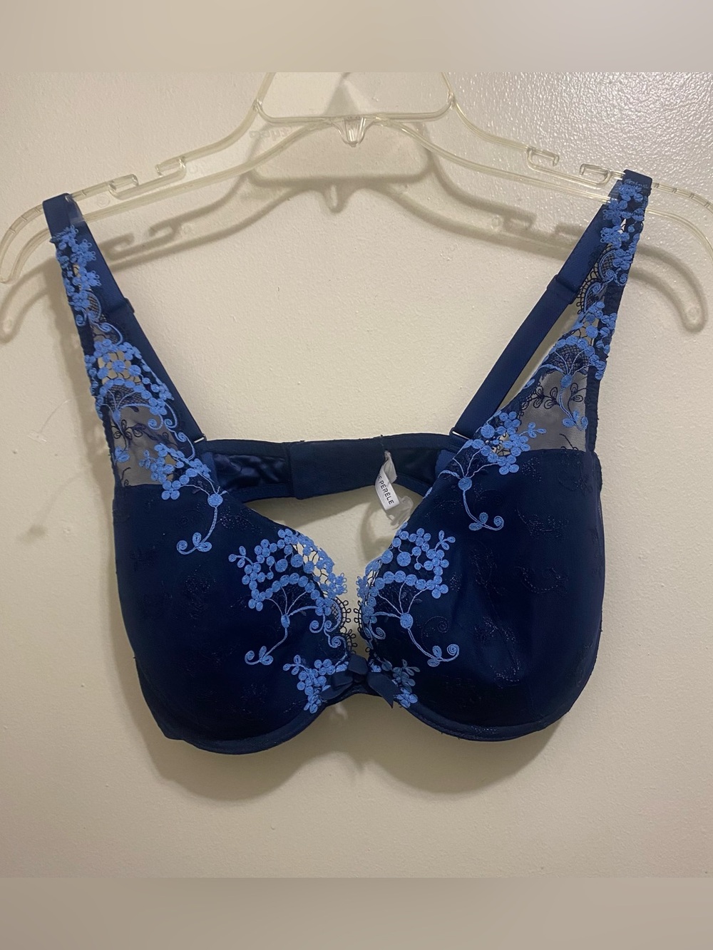 Simone Perele Wish Triangle Contour Bra 34B Navy Light Blue Embroidered Flowers